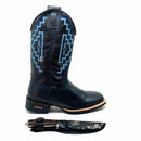 BotaFaca Agroboy\n                                    - Couro Cano Látego Estilizado em Tilápia Preta | Gáspea Látego Estilizado em Jacaré Preto | Bordado Azul e Branco