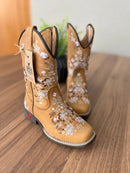 Texana Maitê Infantil - Couro Fóssil Havana/Bordado Florência Marrom e Bege