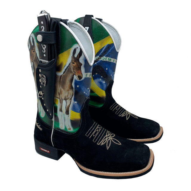 BotaFaca Muladeiros do Brasil\n                                    - Cano Estampa | Gáspea Couro Nobuck Preto | Bordado Bege