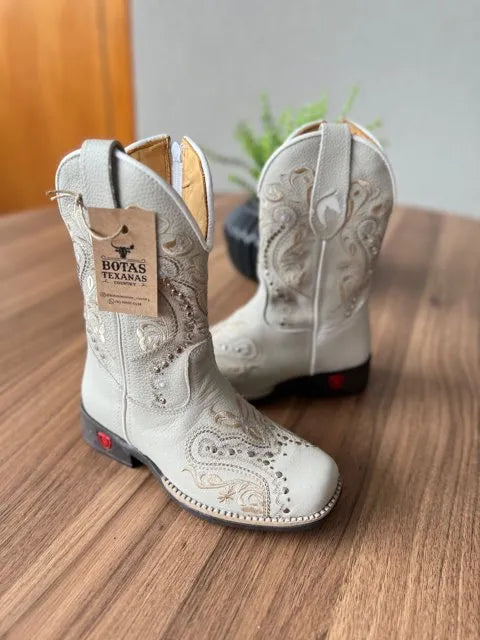 Texana Alice Infantil - Couro Off-White/Bordado Tribal Bege