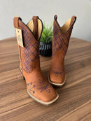 Texana Antônio - Couro Fóssil Havana/Bordado Geométrico Azul Marinho