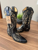 Texana Alice Bico Fino - Couro Látego Preto/Bordado Tribal Bege com Metais