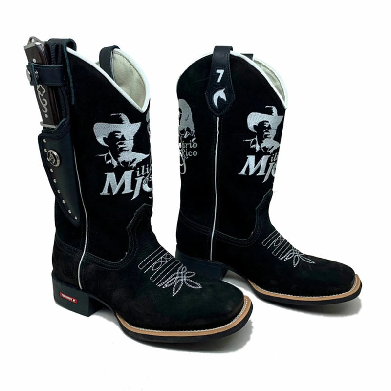 BotaFaca Milionário e José Rico\n                                    - Couro Nobuck Preto | Bordado Branco