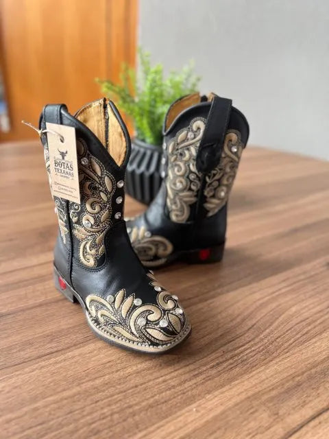 Texana Geovana Infantil - Couro Látego Preto/Bordado Ramos Bege com Metais