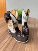 Texana Enzo Infantil com Kit Canivete - Couro Off-White e Tilápia Marrom/Bordado Mulas Preto e Cruz Branca