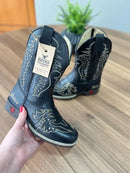 Texana Fernanda Infantil - Couro Látego Preto/Bordado Ramos Bege