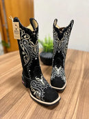 Texana Alice - Couro Nobuck Preto/Bordado Tribal Bege com Tricê