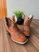 Botina Naiara - Couro Horse Telha/ Bordado Ramos Bege