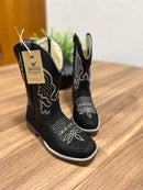 Texana Gael Infantil - Couro Látego e Tilápia Preto/Bordado Asas Bege