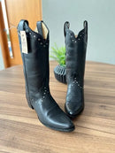 Texana Marina Bico Fino - Couro Látego Preto/Sem Bordado All-Black com Metais