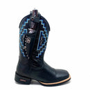 BotaFaca Agroboy\n                                    - Couro Cano Látego Estilizado em Tilápia Preta | Gáspea Látego Estilizado em Jacaré Preto | Bordado Azul e Branco