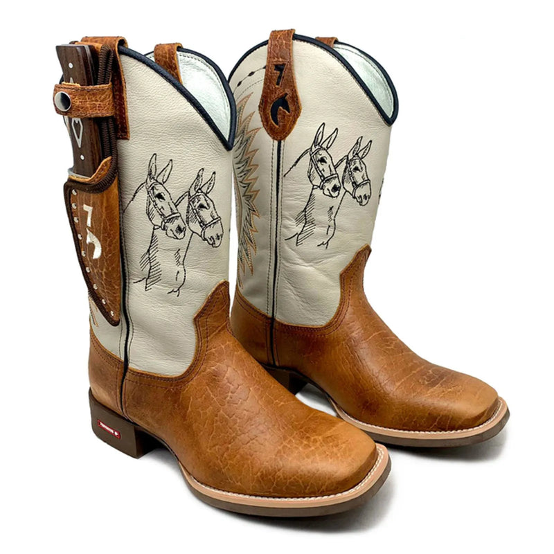 BotaFaca Mulas\n                                    - Couro Cano Napa Flay Bege | Couro Gaspea Fóssil Havana | Bordado Preto