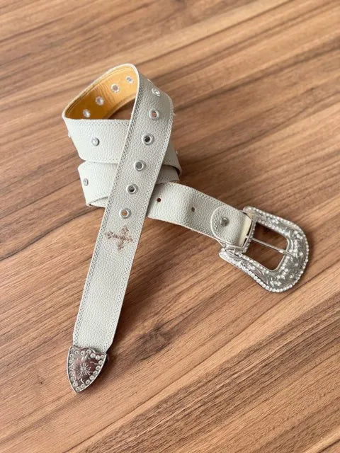 Cinto - Couro Off-White/Bordado Cruz