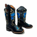 BotaFaca Padroeira Flor\n                                    - Couro Látego Preto | Bordados Azul e Bege