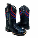 BotaFaca Americana Gold\n                                    - Couro Látego Preto | Bordados Azul Escuro e Vermelho