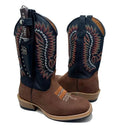 BotaFaca Rústica \n                                    - Couro Cano Floater Preto | Couro Gáspea Crazy Horse Nescau | Bordados Vermelho e Ferrugem