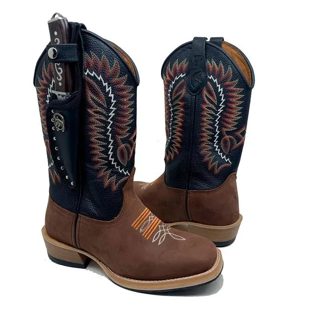 BotaFaca Rústica \n                                    - Couro Cano Floater Preto | Couro Gáspea Crazy Horse Nescau | Bordados Vermelho e Ferrugem