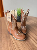 Texana Jessica Infantil - Couro Mustangue/Bordado Ramos Bege com Metais