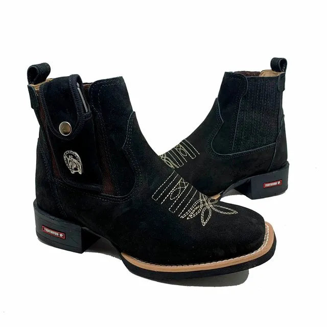 BotinaCanivete Tradicional\n                                    - Couro Nobuck Preto | Bordado Bege