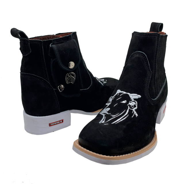 BotinaCanivete Boi Nelore\n                                    - Couro Nobuck Preto | Bordado Branco