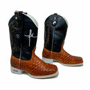 BotaFaca Fé\n                                    - Couro Cano Látego Preto | Couro Gáspea Látego Mostarda Queima Aramado | Fé Branco