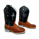 BotaFaca Fé\n                                    - Couro Cano Látego Preto | Couro Gáspea Látego Mostarda Queima Aramado | Fé Branco