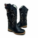 BotaFaca Livia \n                                    - Couro Látego Preto | Glitter Preto Bordado Branco