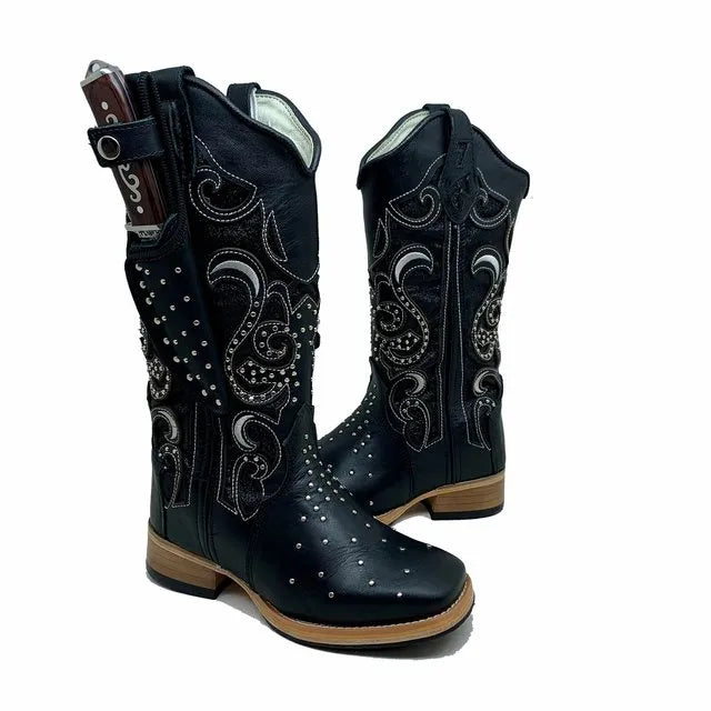 BotaFaca Livia \n                                    - Couro Látego Preto | Glitter Preto Bordado Branco