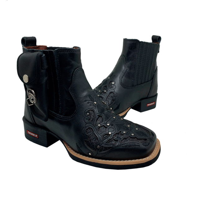 BotinaCanivete Luiza\n                                    - Couro Látego Preto | Glitter Preto | Bordado Preto