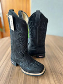 Texana Geovana - Couro Nobuck Preto/Bordado Ramos Preto