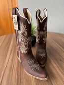 Texana Luana Bico Fino - Couro Horse Nescau/Ramos bege e Padroeira Rosa