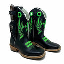 BotaFaca Escudo\n                                    - Couro Látego Preto | Bordado Verde Neon | Solado de Madeira