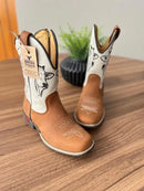 Texana Caio Infantil - Couro Off-White e Fóssil Havana/Bordado Boi Preto