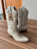 Texana Isabela Bico Fino - Couro Off-White/Bordado Cruz Marrom e Bege