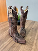 Texana Alice Bico Fino - Couro Horse Nescau/Bordado Tribal Preto