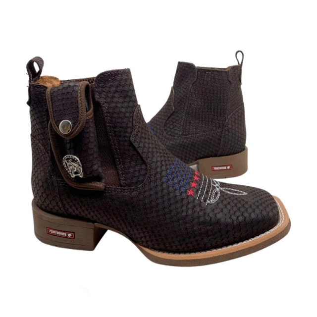 BotinaCanivete Florão Americano \n                                    - Couro Nobuck Chocolate Estilizado em Tilápia