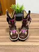 Texana Pietra Infantil - Couro Látego Marrom/Bordado Touro 3D Rosa