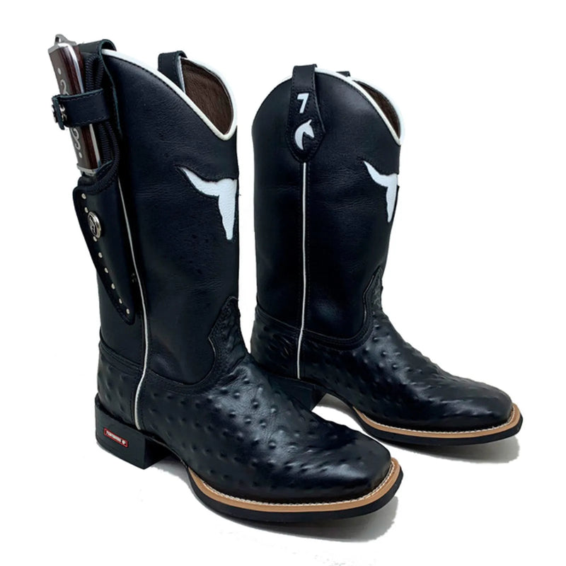 BotaFaca Touro\n                                    - Couro Látego Preto | Gáspea Estilizado em Avestruz | Touro Branco