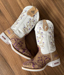 Texana Anelise - Couro Floatter Branco e Nobuck Areia/Bordado Flores e Cavalo Lilás