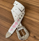 Cinto - Couro Floatter Branco/Bordado Florência Rosa e Verde