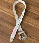 Cinto - Couro Floatter Branco/Bordado Florência Rosa e Verde