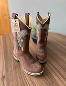 Texana Iracema - Couro Horse Nescau/Bordado Cocar Bege e Verde