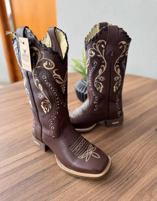 Texana Alice - Couro Látego Marrom/ Bordado Tribal Bege e Preto