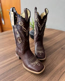 Texana Alice - Couro Látego Marrom/ Bordado Tribal Bege e Preto