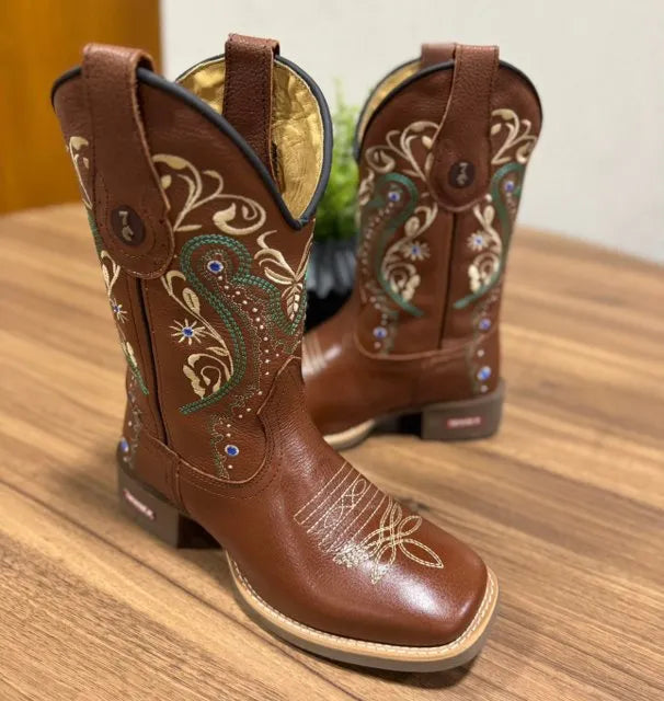 Texana Alice - Couro Mustangue/Bordado Tribal Verde e Bege