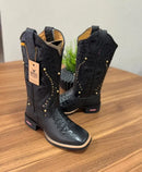 Texana Alice - Couro Látego Preto e Jacaré/Bordado Tribal Preto e Metais Dourados