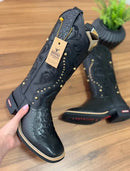 Texana Alice - Couro Látego Preto e Jacaré/Bordado Tribal Preto e Metais Dourados