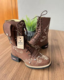 Coturno Estela com Kit Canivete - Couro Horse Nescau/Bordado Flores Marrom e Bege com Metais