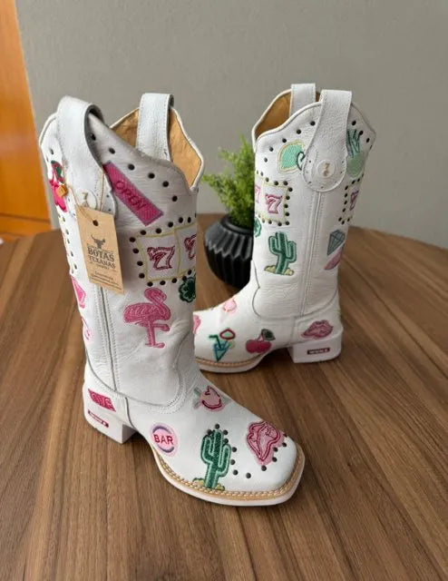 Texana Fabiana - Couro Floatter Branco/Bordado Símbolos