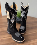 Texana Julia - Couro Nobuck Preto/Bordado Cavalo Branco